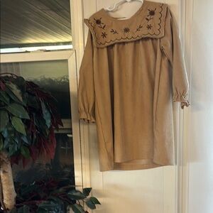 Tan Long Sleeve Dress with Embroidered Collar